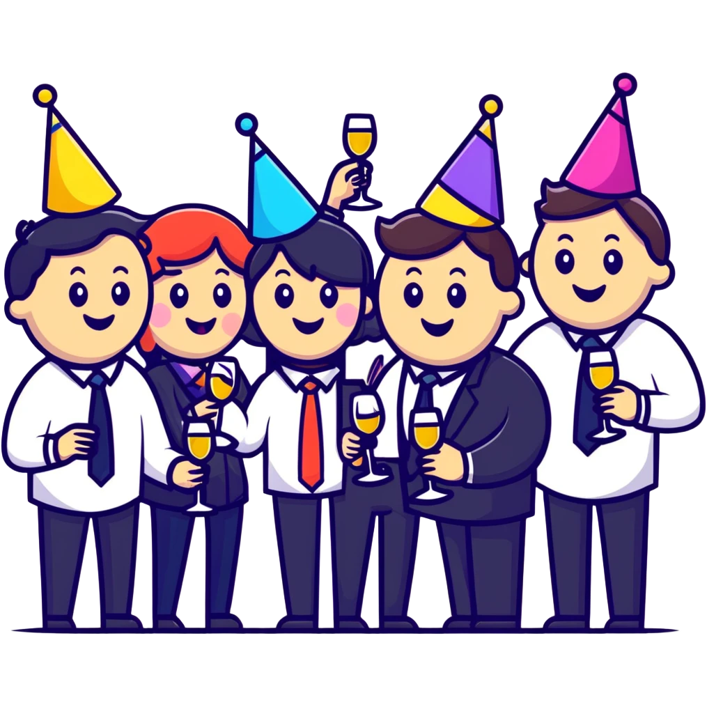 group of happy office workers celebrating with party hats, confetti and wine glasses emoji