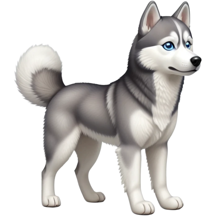 cinematic-[siberian husky]-realistic-full-body-standing-emoji,-tail-resting-loosely-beside-its-paws,blue eyes-head-tilted-dramatically, -fluffy-[grey and white]-fur,-simplified-yet-realistic-focused-features,-highly-detailed,-glowing-with-an-almost-sarcastic-glow emoji