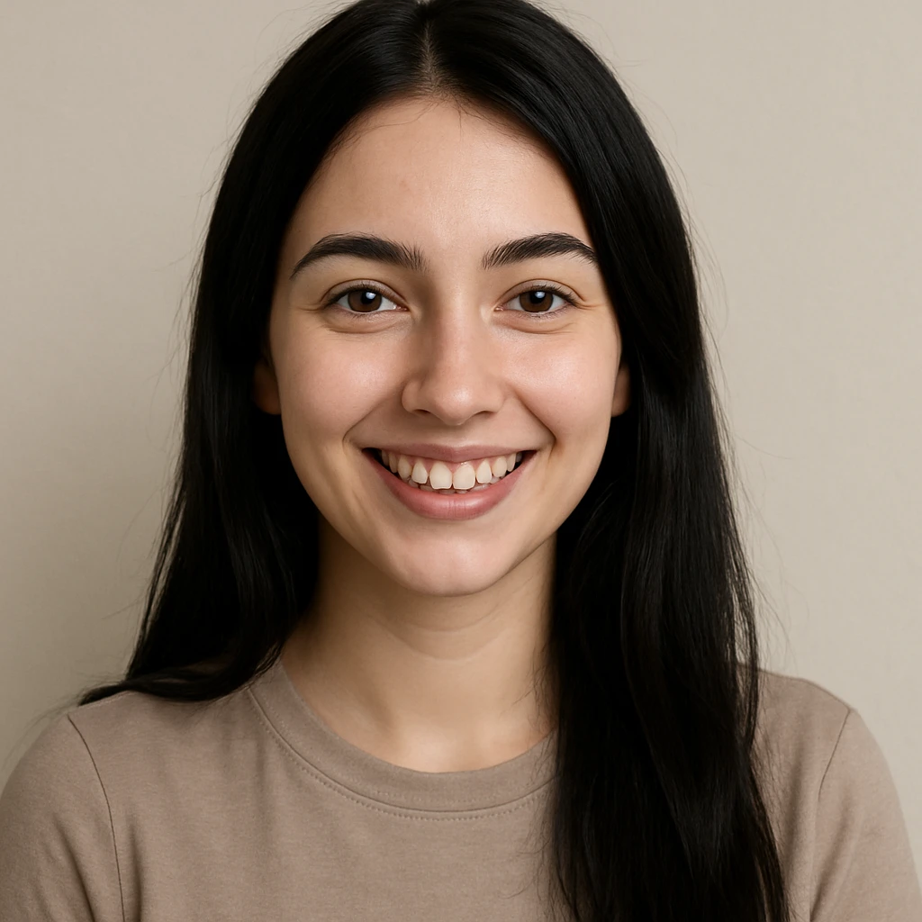 white girl with black long hair and brown eyes, smiling, minimal background emoji