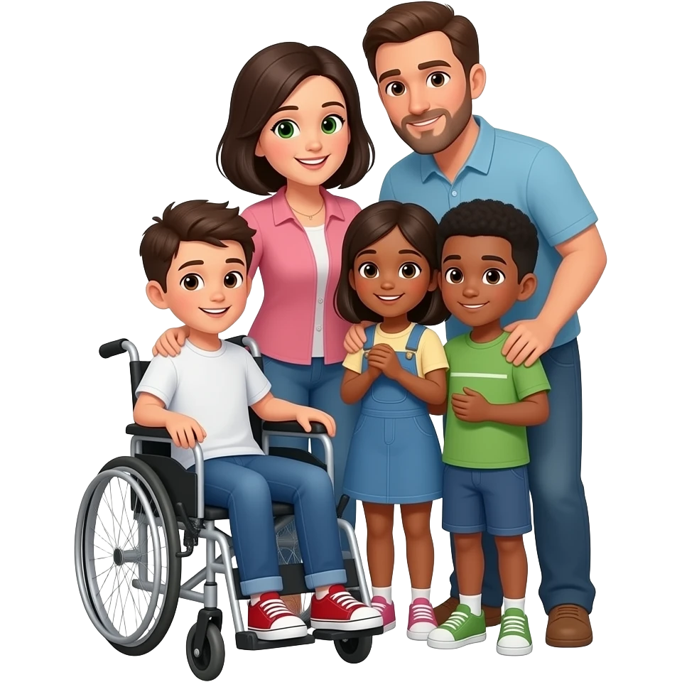 "Emoji WhatsApp Disney minimalista: chico 15 silla ruedas, piel blanca, pelo corto oscuro, ojos marrón; mamá aparte ojos verdes, pelo negro medio largo; papá aparte ojos marrón, pelo corto leve calvicie, barba mixta; niña 12 y niño 10 piel marrón; abrazo; fondo transparente." emoji