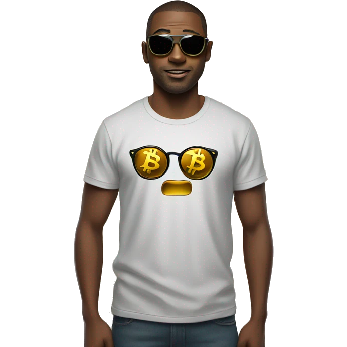 A man with laser eyes and with a bitcoin badge on tshirt emoji