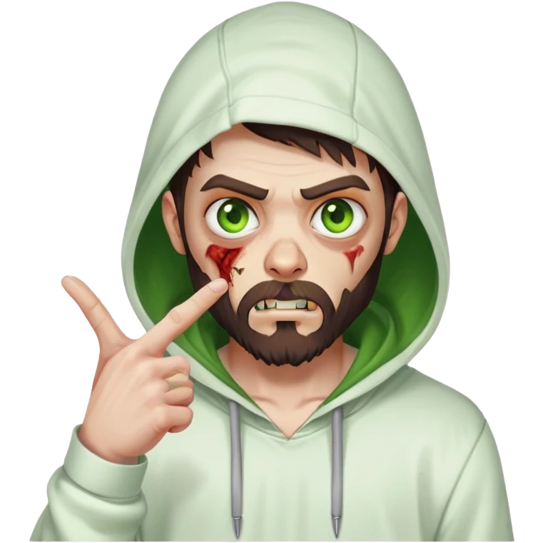 zombie pointing finger, undercut hairstyle with dark brown hair, short full beard, heterochromia with one green eye and one brown eye, wearing plain white hoodie with hood up emoji