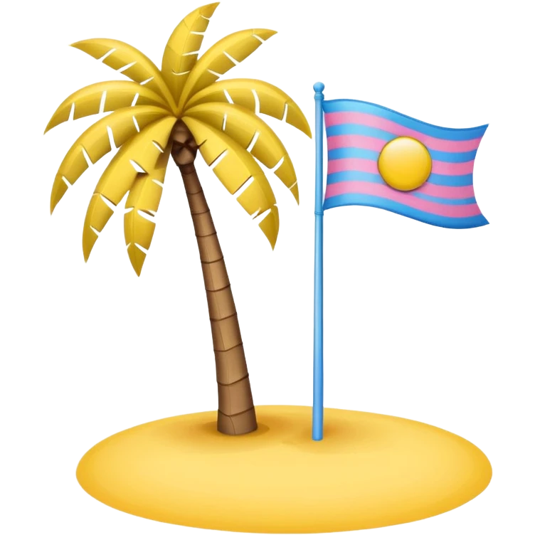 A pink flag on the sides two small blue triangles In the middle a pink palm tree coming out of the sides  yellow circle with two thick yellow stripes emoji