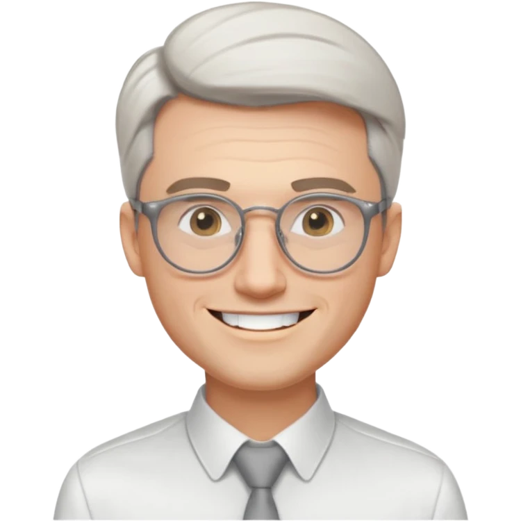 30 yr old pale white man, white/grey side swept stylish hair, round glasses, big smile, white teeth, handsome, longer hair, thin glasses, white dress shirt, smooth forehead, botox, no tie emoji