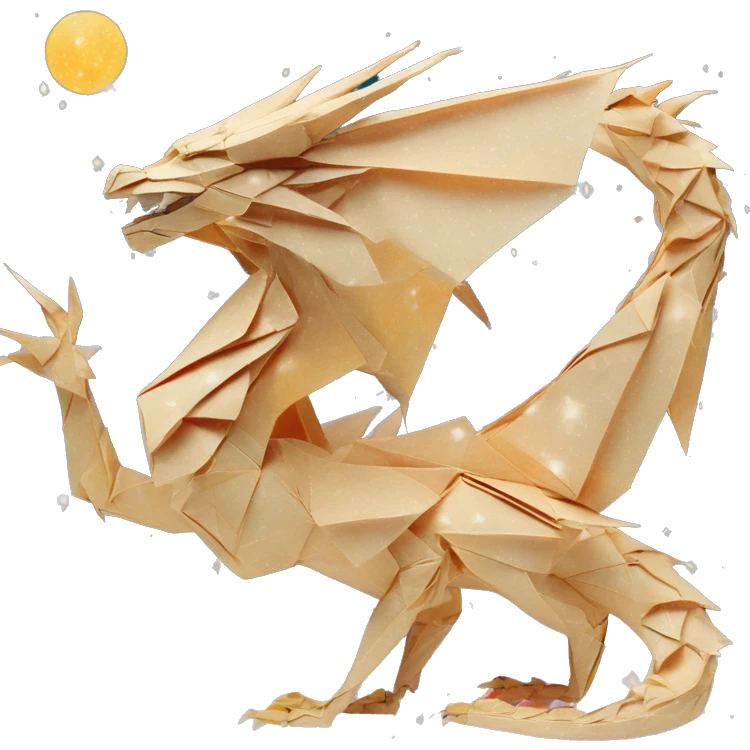 Sparkling patterned Beige Origami dragon with a dried flower crown made of newspapers intricate patterns surrounded by fairy lights nebula galaxy stars swirls iridescent orange cyan yellow emoji