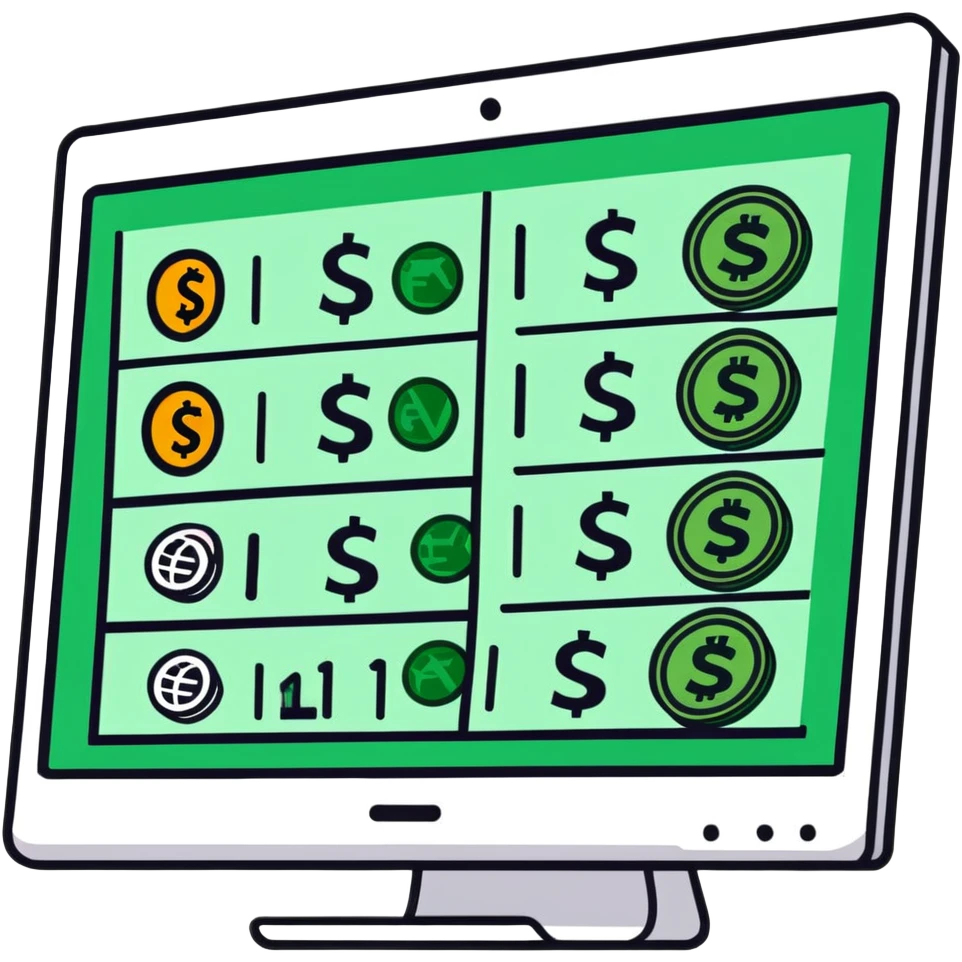computer screen with price comparison dashboard showing multiple currencies € $ £ ¥ emoji