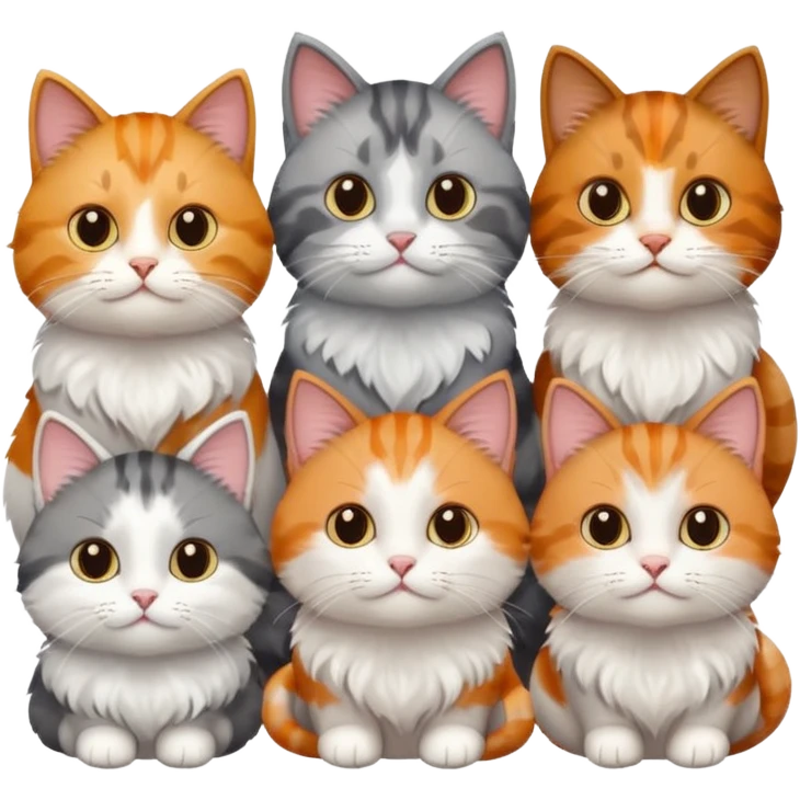 6 cats with different coloured coats, 2 are grey and white, 1 is grey with a little white, 1 calico, 1 brown tabby and white and one ginger and white emoji