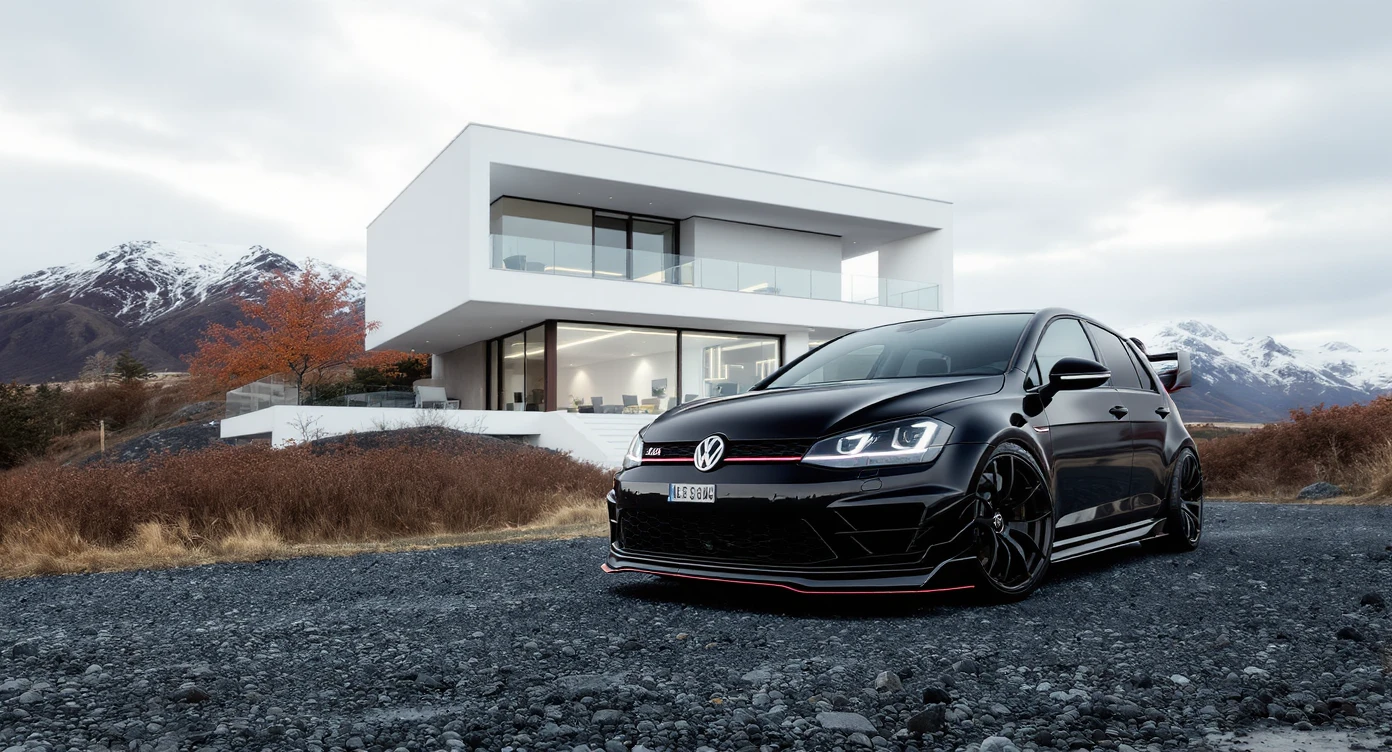 black Golf 4 with bodykit, in background is modern huge two flors white villa, in distance are iceland mountains, rule of thirds, shot on gopro hero, noise camera emoji