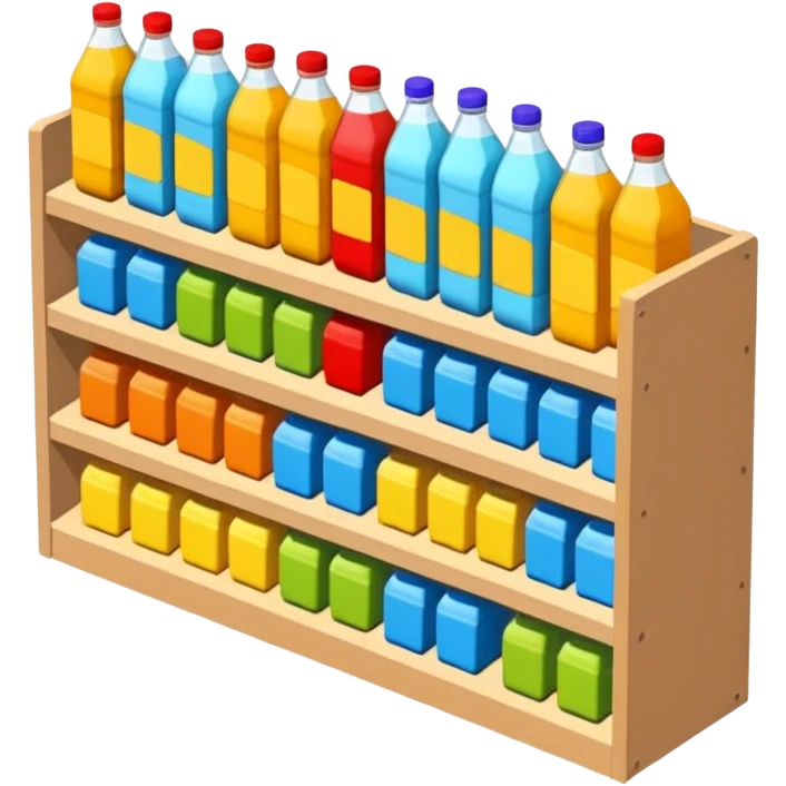 3D warehouse shelf with drinks bottles and products, 
organized retail shelves, colorful product packages, store inventory, 
transparent background, emoji style, realistic, isometric view emoji