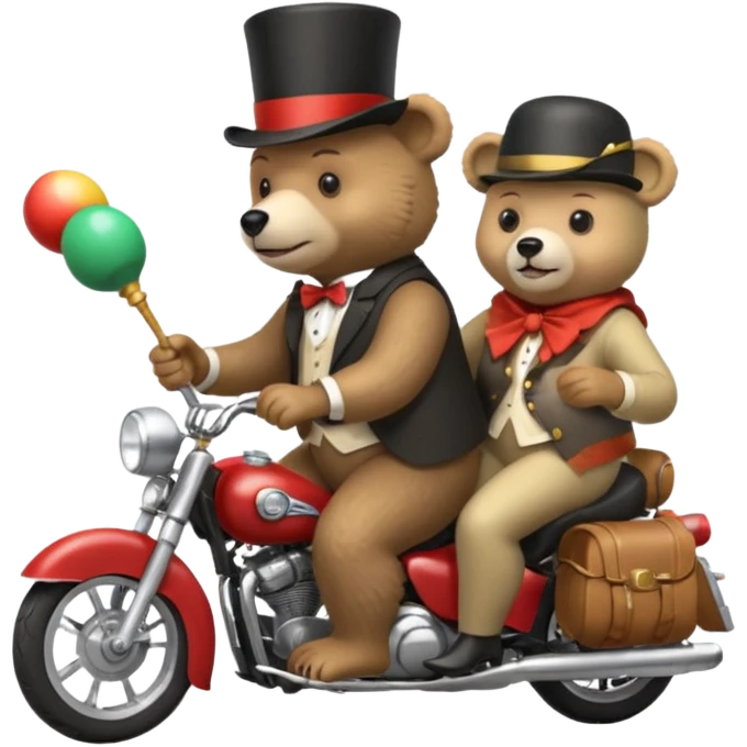 A bear wearing a top hat and holding maracas while on the back of an old lady who is driving a motorcycle emoji