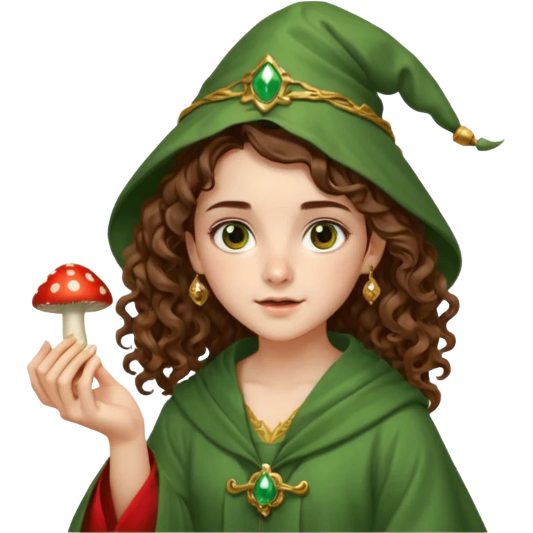 very beautiful italian girl, hazelnut brown eyes, looking like Emma Watson, with curly and big volume very bright brown hair, and a golden piercing ring in nose on left side, dressed in a beautiful wizard robe of green colors, holding red fly mushroom emoji