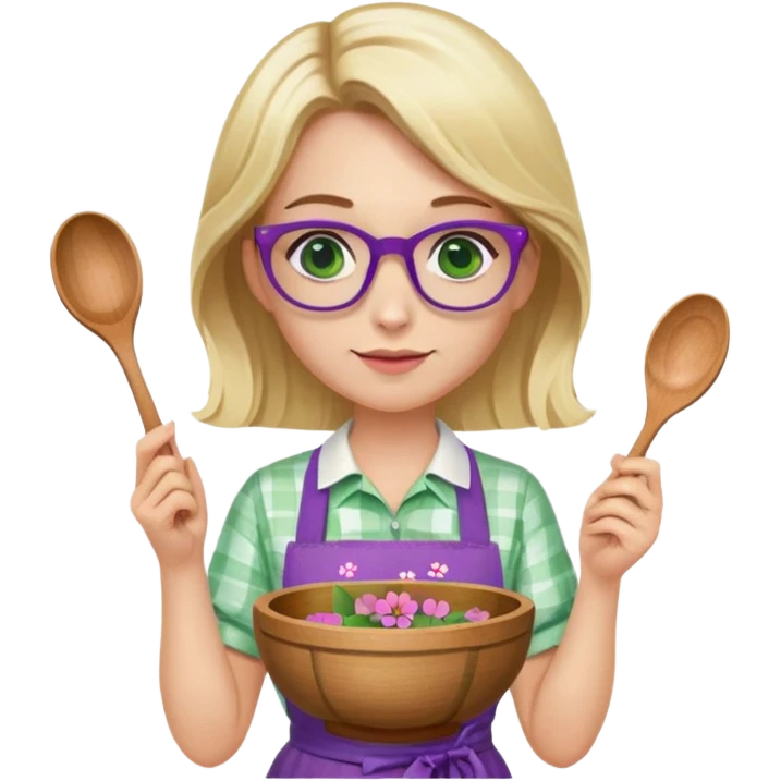 woman with blonde shoulder length hair, purple glasses, green eyes, flower apron, holding bowl and spoon emoji