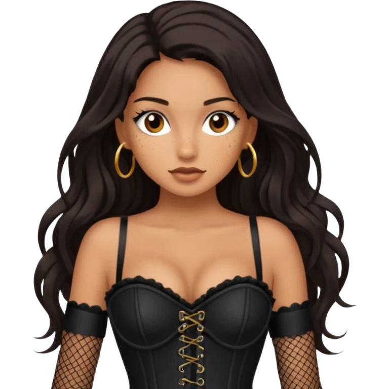 Tan skin with freckles, long dark hair, hazel eyes Dominatrix with black fishnet stockings  emoji