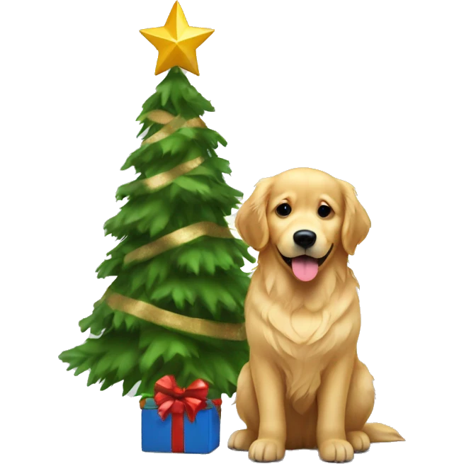 christmas golden retriever with christmas tree  emoji