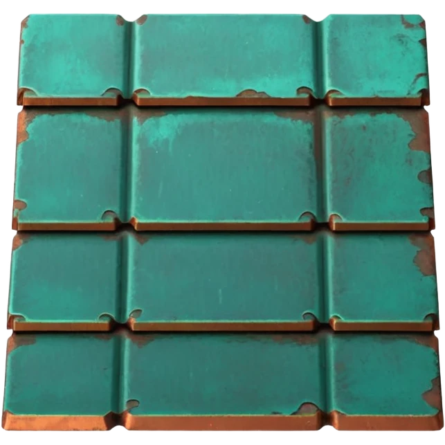 3D render of Roof Tile, heavily oxidized copper texture, verdigris patina, Aged green copper shingle, weathered bronze aesthetic, ancient decay, emoji style, isolated on white background --v 6.0. emoji