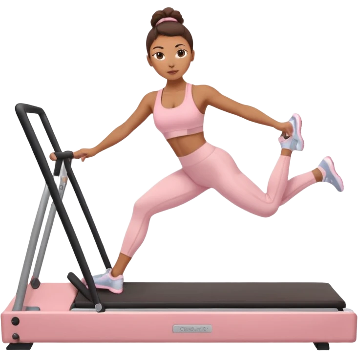 Mixed-race athletic woman with caramel skin, wearing pastel pink sports bra and leggings, doing Pilates on a reformer machine emoji