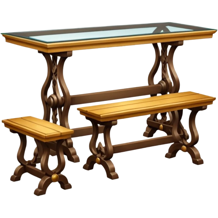 A glass topped rectangular trestle table with 2 benches on the long sides and 2 thrones at the ends emoji