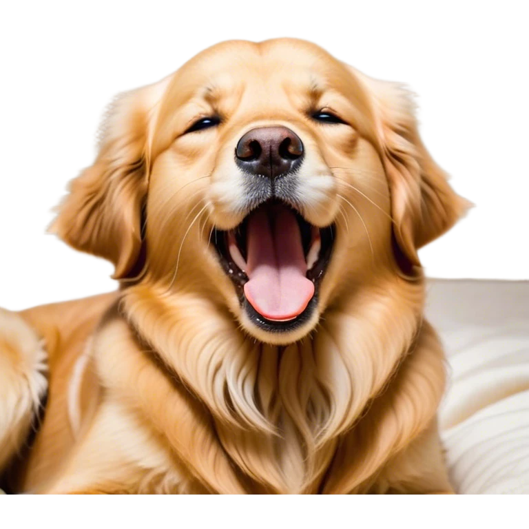 Cinematic Cute Yawning Golden Retriever Portrait Emoji, Head tilted slightly with a dramatic, wide-open yawn, showcasing a silky golden coat with a subtle shimmer, floppy ears slightly drooping, round brown eyes barely open in drowsy contentment, Simplified yet irresistibly adorable features, highly detailed, glowing with a soft, cozy glow, high shine, relaxed yet expressive, stylized with a touch of whimsy, bright and endearing, soft glowing outline, capturing the essence of a sleepy yet affectionate companion, so drowsy it feels like it could stretch out of the screen and curl up for a nap! emoji