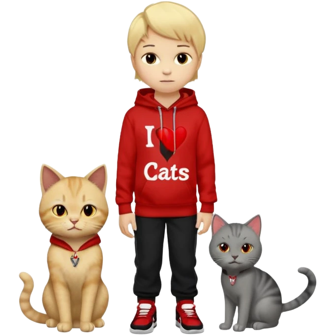 A 8 year old boy wearing a red and black hoodie say I heart cats he’s blond he has red Jordan’s and Hess wearing black pants he’s next to a gray cat with yellow eyes  emoji