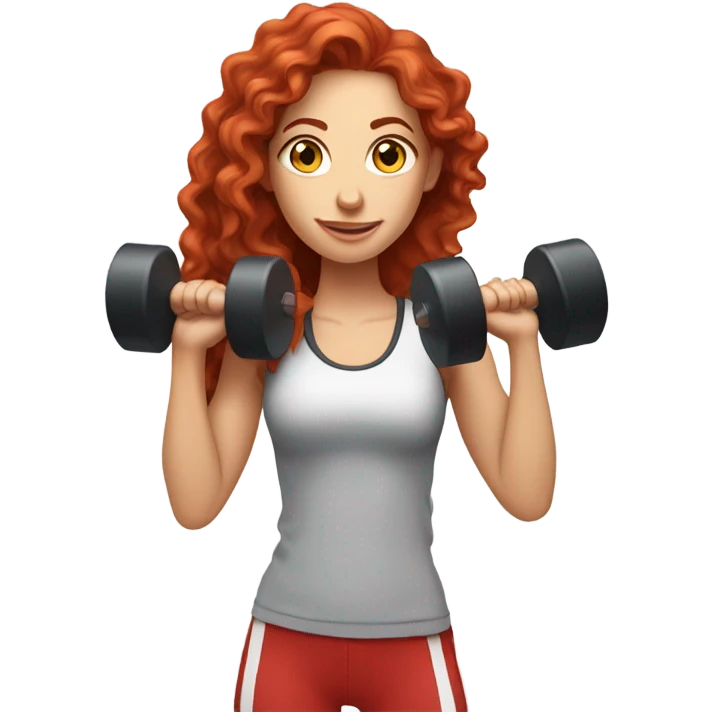 Sporty white Girl coach with long curly red hair doing exercice with light weights emoji