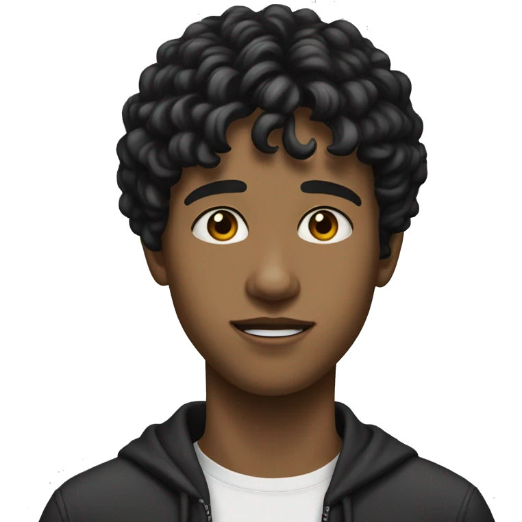 realistic teenager with white skin.  he has very black and wavy hair.  He has bangs to the right, his eyes are black, he is tall, he has an elongated neck and head emoji
