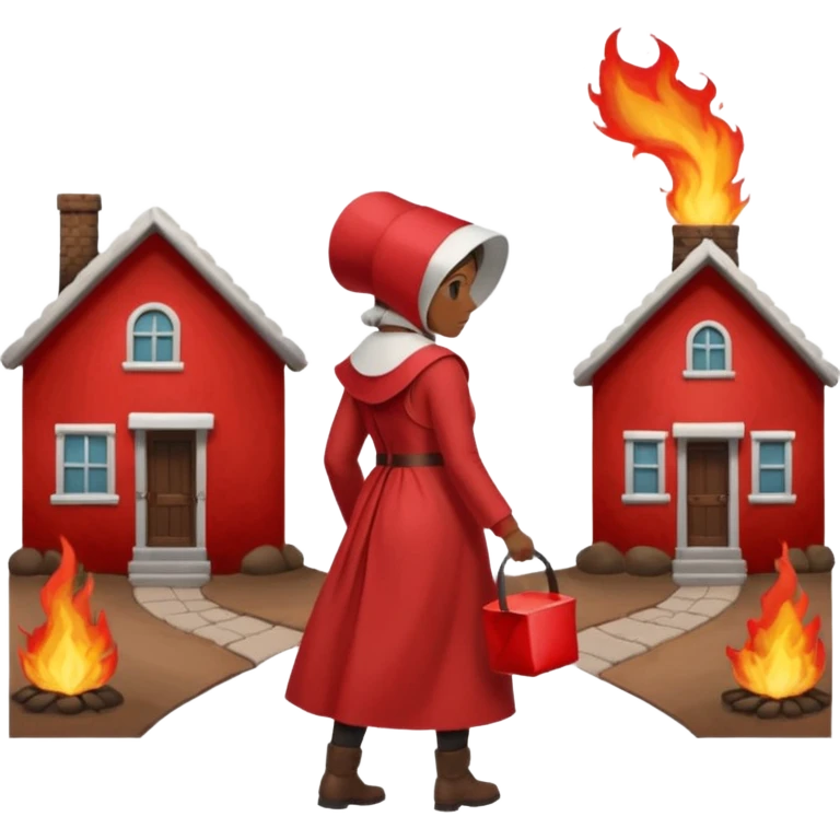handmaids tale style woman burning house down walking away from house. shes wearing the nun hands maid tale hat cant see her face with brown hair shes wearing the red handmaids tale costume with white bonnet emoji