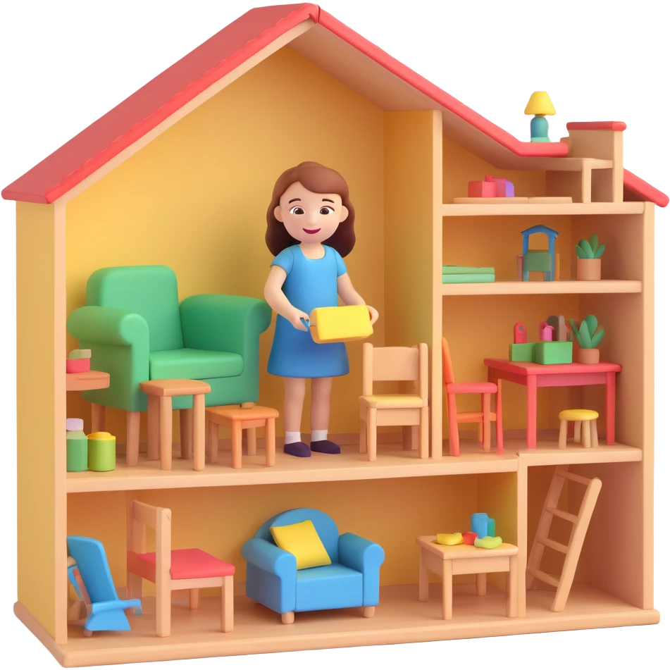 smiling girl arranging furniture in doll house emoji