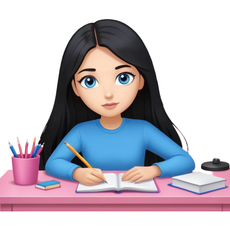 Girl with long black hair, blue sharp eyes, eyelashes, studying on a pink desk emoji