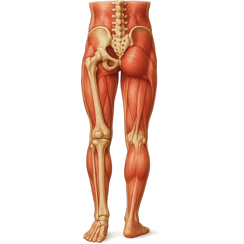 Edit the image to depict an inhibited leg (shorter than the other), in a medical anatomical style, posterior view, hyperrealism, with no background. Variation 5. emoji