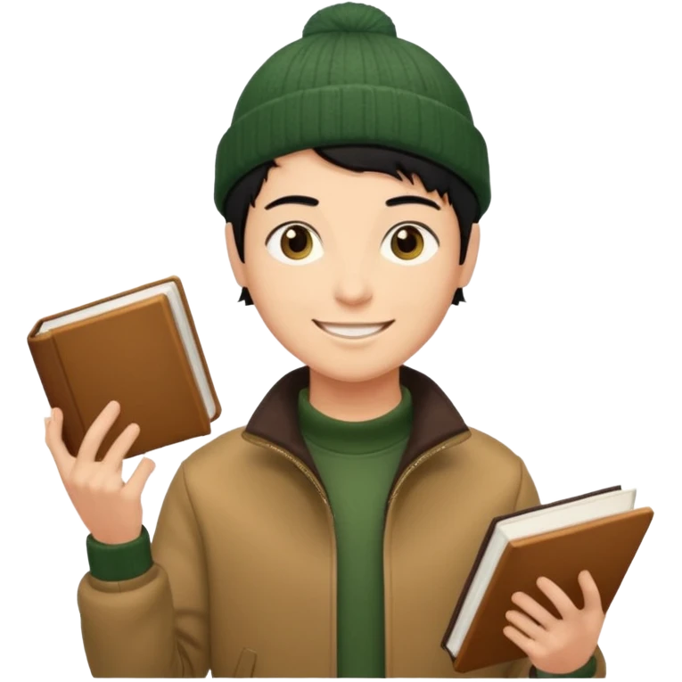 tan skin, non binary man with pixie cut black hair, wearing brown jacket and dark green beanie, smiling , holding up  book  emoji
