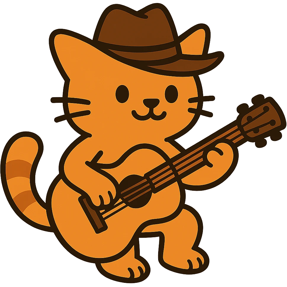 flat toon orange cowboy cat strumming an acoustic guitar emoji