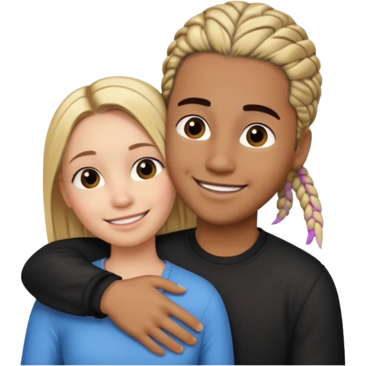 dirty blonde girl with straight hair and medium toned guy with black cornrows hair hugging emoji