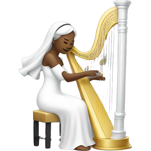 A woman in a white habit plays a silver harp emoji