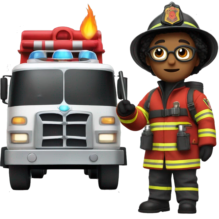 Harry Potter as a firefighter, wearing a fire helmet and protective gear, with his wand in hand, standing heroically in front of a firetruck emoji