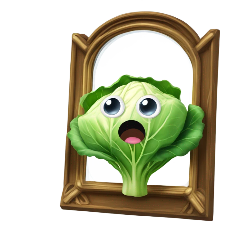 Create a 3D "White colored cabbage" with a surprised face and big shiny eyes 👀. one green leaf, white colored copta holds the mirror with its reflection 🪞 emoji