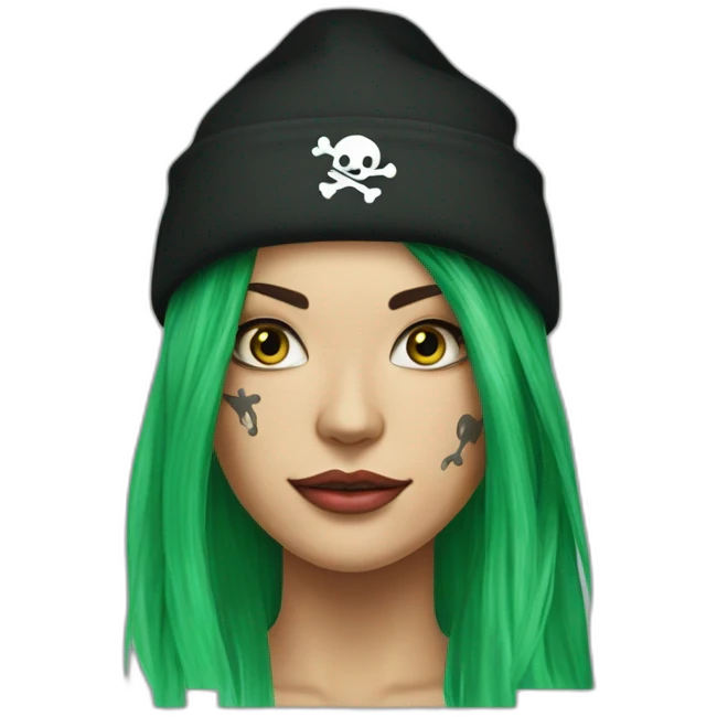 Woman long green hair on one side, tattoo on side of head. other side of head is shaved.  pirate hat. skull and crossbones t shirt emoji