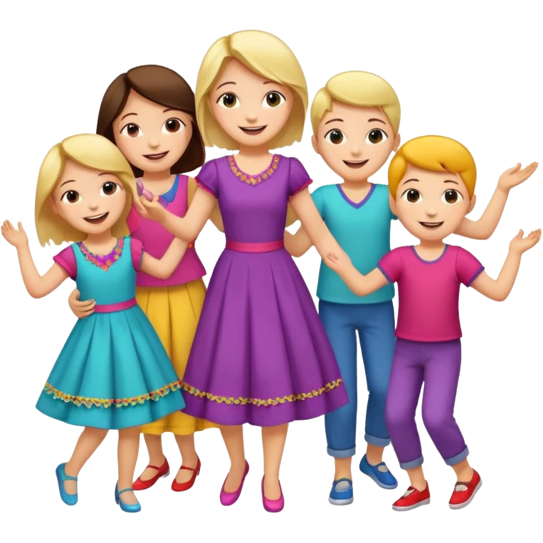 Super happy kids dancing and mom is sewing emoji