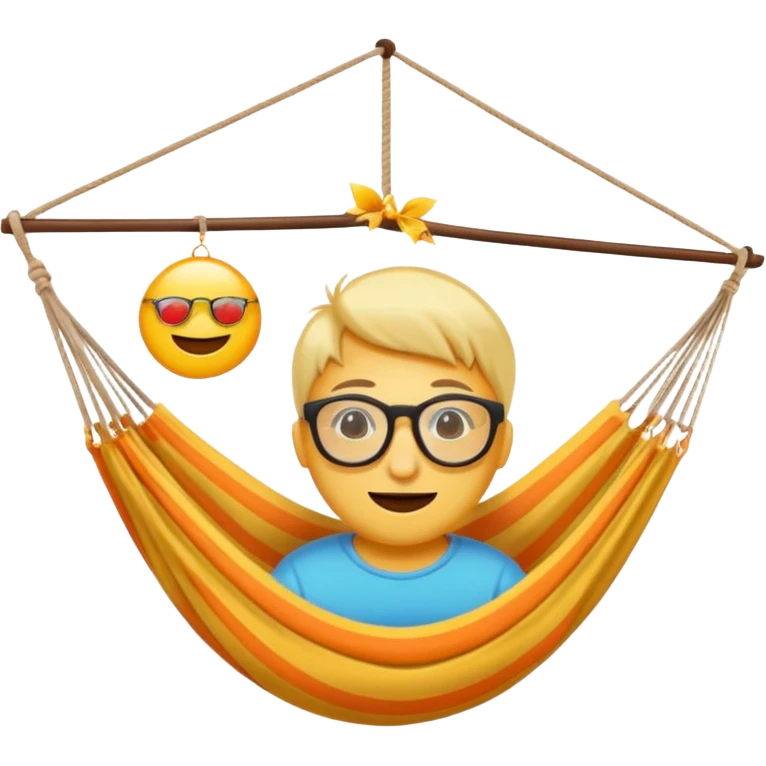 Créer un emoji stylisé et coloré représentant le week-end, joyeux et relaxant. L’emoji doit être rond, lumineux, avec un visage souriant ou des lunettes de soleil. Ajouter des éléments évoquant le repos ou le plaisir : café, hamac, soleil, musique, détente.  emoji