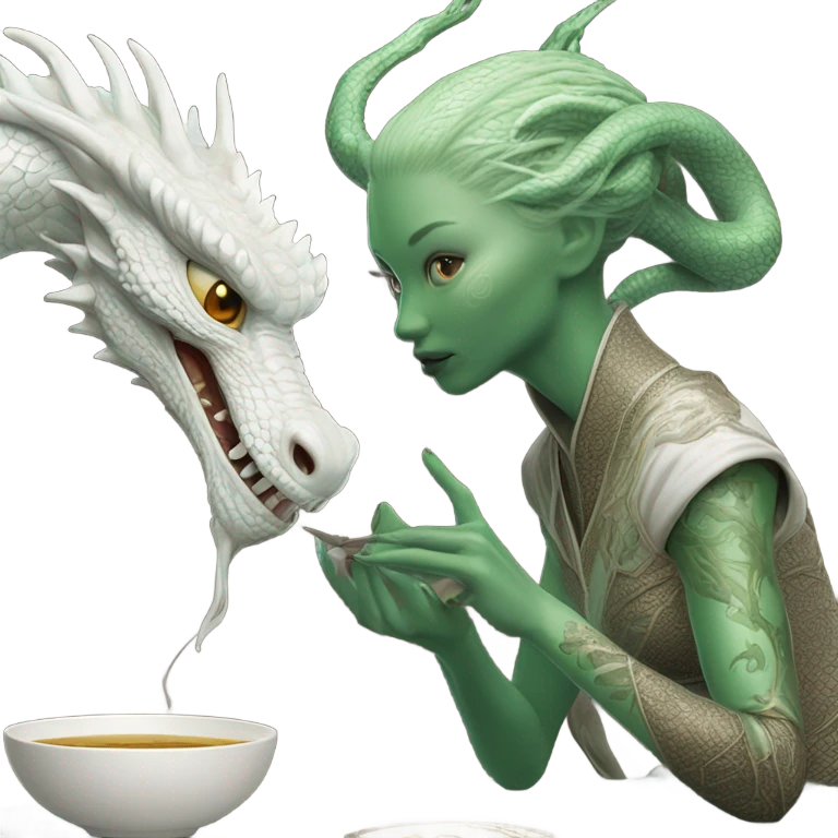 Photo realistic, alien female green,  on white china dragon infinite story emoji