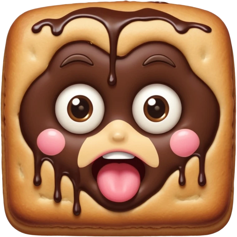 Rectangular chocolate mini pastry, slightly messy and squished, chocolate dripping, big round eyes, wide open mouth, playful surprised expression, text above: "ПАСТИЧКА", chibi style, Twitch emoji style, transparent background, colorful

 emoji