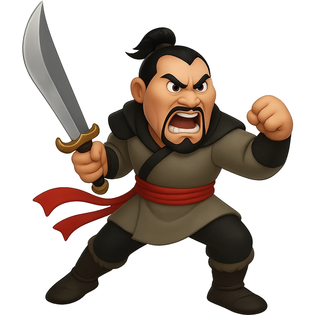 Show Shan Yu in a dynamic battle stance, full body, holding a weapon, looking seriously pissed off, transparent background, in the style of emoji (apple style emojis) emoji