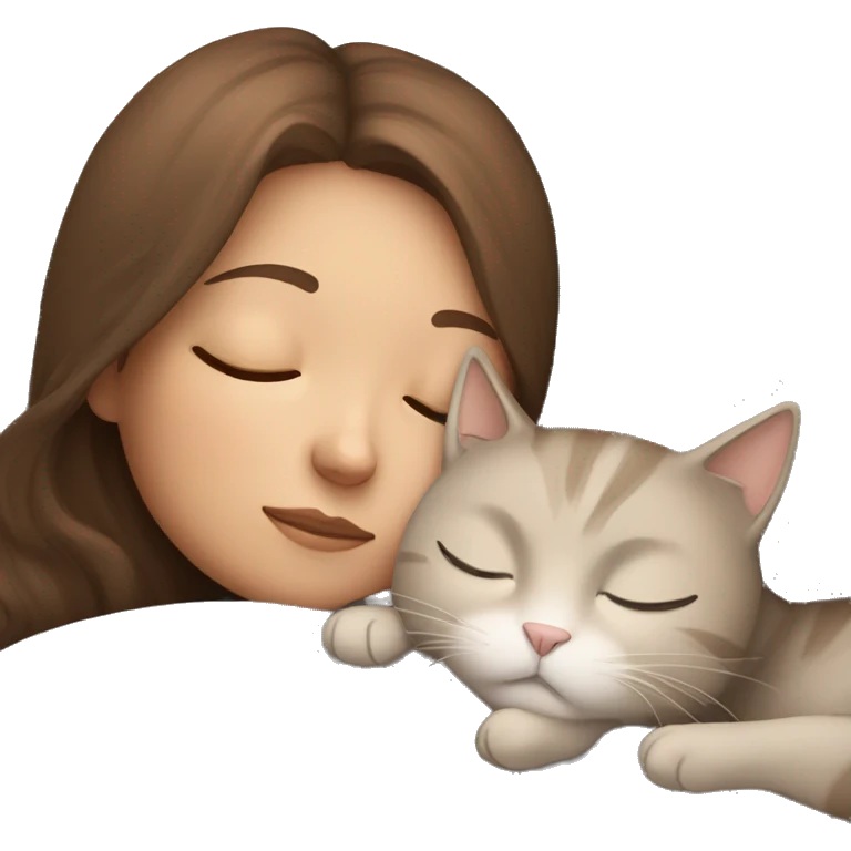 Brown hair girl sleeping with her grey beige cat emoji