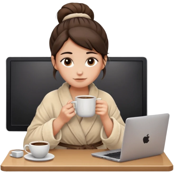 A brunette girl with a bun as hairstyle, with dark brown eyes, dark circles under eyes, tired, sad face, with a mug of coffee in one hand and sitting in front of a computer, wearing a soft fluffy beige robe emoji