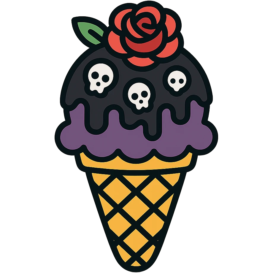 Gothic ice cream with black chocolate drizzle, tiny skull sprinkles, and a dark rose on top, no background, in a color outline icon style. emoji