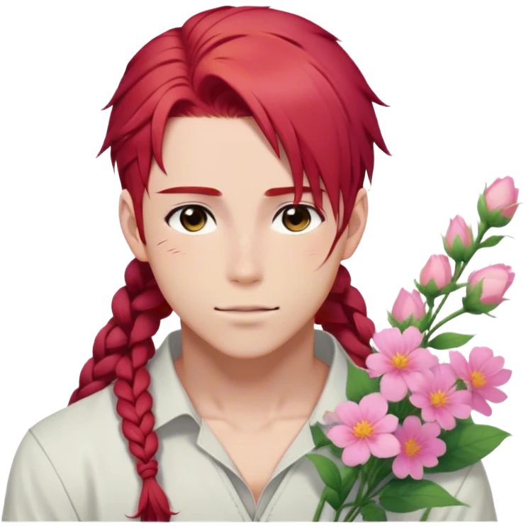 red hair with a thin side braid anime style handsome sexy gojo guy with blushing face and flowers aesthetic trending style outside emoji