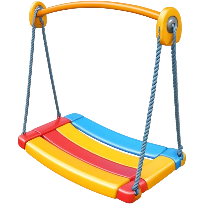a colorful plastic swing with a safety bar in front, hanging from two ropes, glossy surface and soft shadows emoji