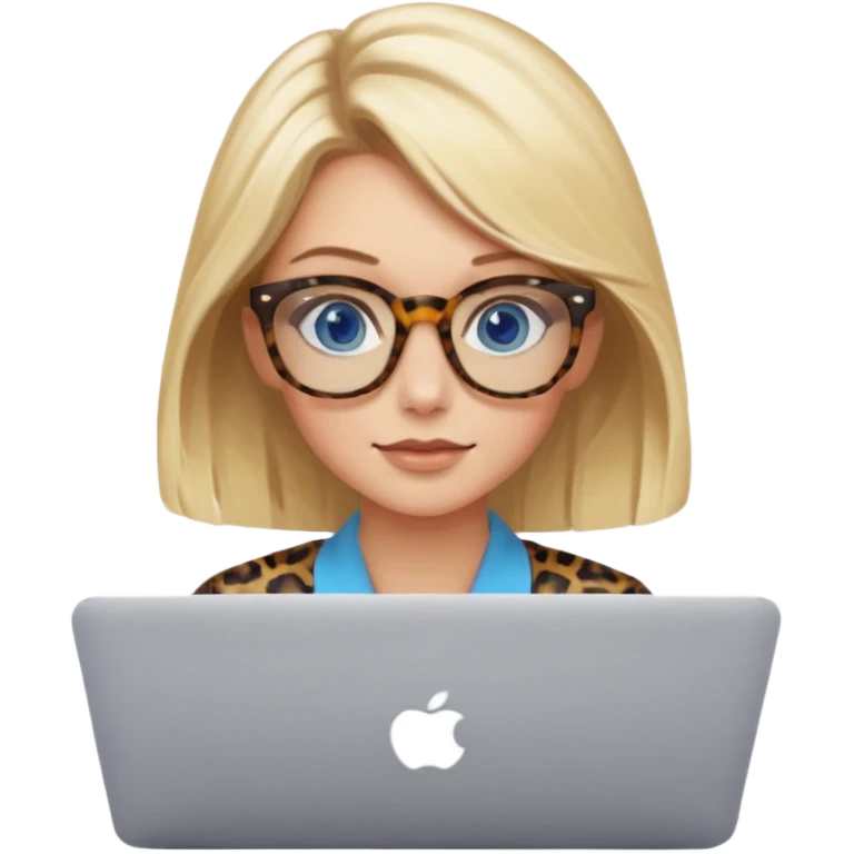  blonde hair woman blue eyes with tortoise shell print glasses on mac book  emoji