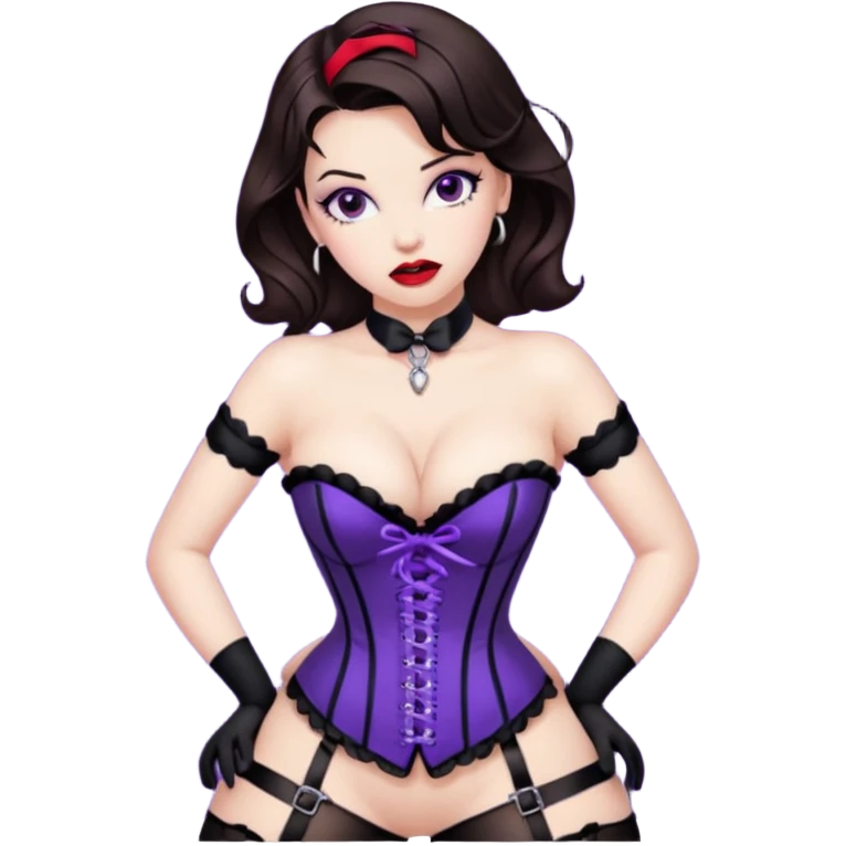 brunette pinup girl in violet gorset hanging in hogtied bondage with stocking emoji