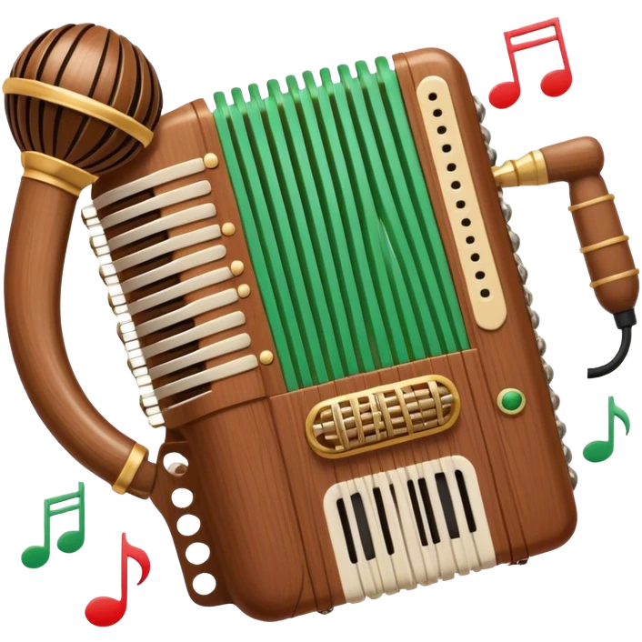 Create a warm and inviting humanless emoji representing folk singing. The design should feature a traditional microphone, perhaps with a wooden texture, symbolizing the rustic and authentic feel of folk music. Surround the microphone with subtle elements such as a hand-played tambourine, an accordion, or a balalaika to reflect the folk instruments. Add flowing musical notes to symbolize the vocal melodies. Use earthy, natural colors like browns, reds, and greens to evoke a sense of tradition, warmth, and connection to the community. The background should be transparent. emoji