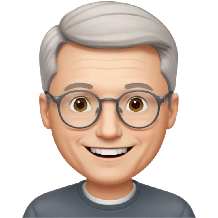 50 yr old pale white man, grey side swept hair, round glasses, big smile, white teeth, handsome emoji